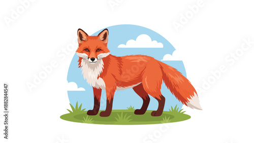 A charming illustrated red fox with a fluffy tail standing proudly amidst vibrant green grass under a clear blue sky with soft white clouds a