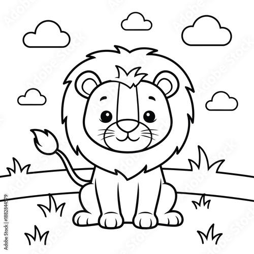 a cute black and white line drawing of a playful lion cub surrounded by fluffy clouds and grassy