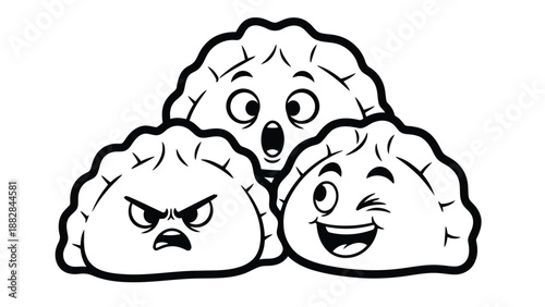 a whimsical black and white illustration depicts three dumplings with expressive cartoonish faces conveying various emotions