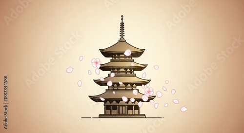 Traditional japanese pagoda tower with cherry blossoms on beige background