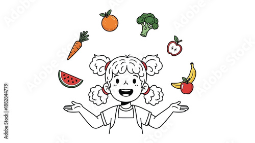 a cheerful cartoon girl juggles fresh produce like orange broccoli carrot apple banana and watermelon slices