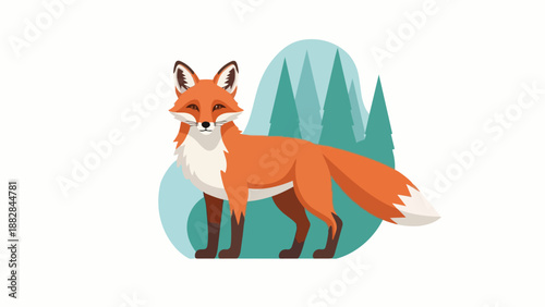 A vibrant orange fox with striking white markings stands gracefully in a stylized evergreen forest scene, capturing the essence of wild beauty in a