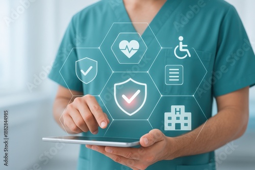 Medical Advocate: A healthcare professional, clad in scrubs, interacts with a tablet displaying digital health and safety icons, symbolizing the digital transformation in medical care. 
