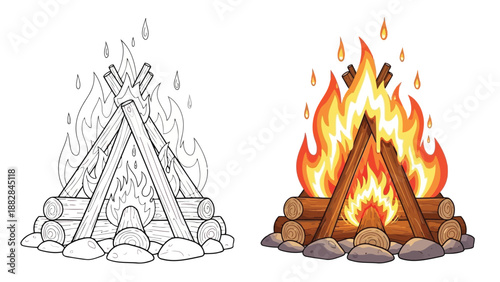 a detailed illustration showing a bonfire with wood logs and flames presented in both color and outline styles
