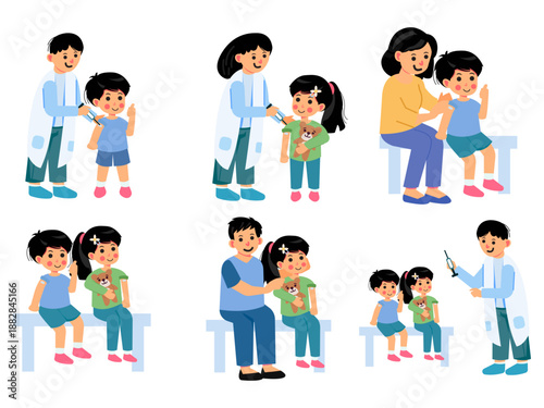 Doctor and Parents Vaccinating Children Medical Care Illustration Set