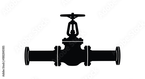 a stark black silhouette depiction of an industrial valve with pipe fittings and a central control mechanism beautifully rendered silhouette