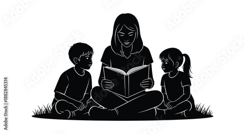 a woman seated and reading aloud to two young children creating a heartwarming scene of shared storytime silhouette high quality professional