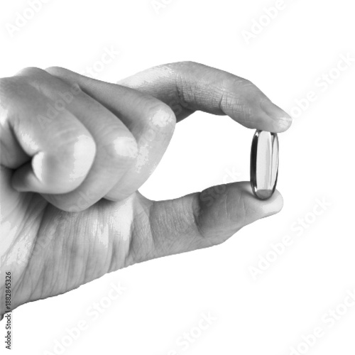 Human hand holding a single coin between fingers. Minimal monochrome halftone illustration symbolizing finance, savings, investment, payment, value, and small money concept on white background.