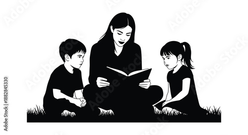 a monochrome illustration depicts a woman reading aloud to two young children sitting on grass presented as a striking silhouette