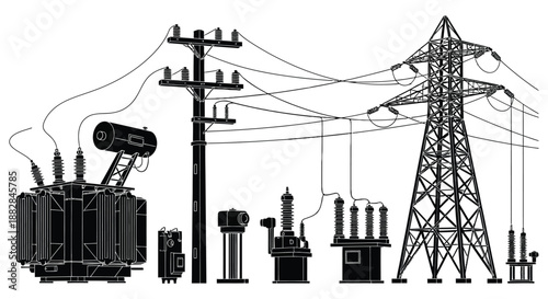a detailed illustration depicting electrical infrastructure elements including transformers towers insulators and cables presented as a striking silhouette high quality professional
