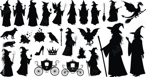 Halloween witch silhouette set with magic wands, brooms, bat, raven, cauldron, pumpkin carriage and spooky elements, black vector collection isolated on white