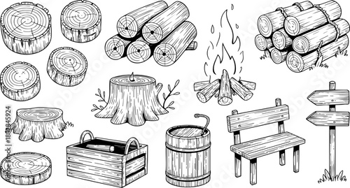 Wood and Camping Icon Set – Logs, Campfire, Stump, Barrel, and Outdoor Nature Elements EPS Vector