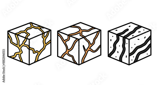 Three white cubes with cracked patterns and gold brown and black lines on a plain background