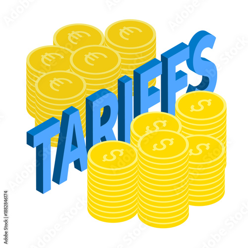 Isometric dollar and euro coins separated by protective tariff barriers. Isolated cartoon vector on white background top view