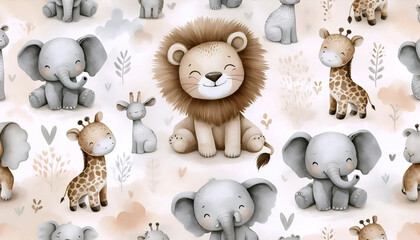 A watercolour African animal pattern gender neutral nursery cute lion background baby elephant, Ai generated image