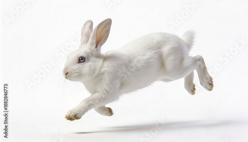 White rabbit jumping in mid-air against a plain white background