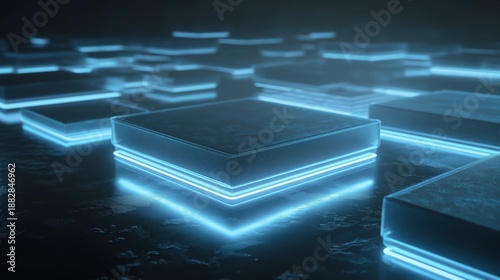 Wallpaper Mural Floating transparent infrastructure layers with glowing edges on a dark surface at night Torontodigital.ca