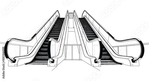 a detailed sketch depicts a symmetrical escalator structure with its curved handrails and stepped surface presented in a monochrome style silhouette