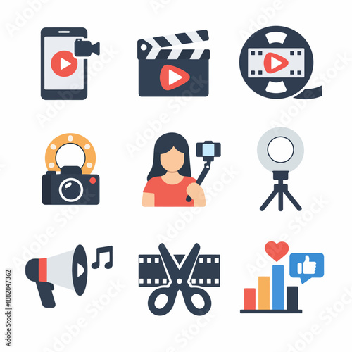 Media creation icons: smartphone, clapperboard, camera, tripod, megaphone, editing, female content creator