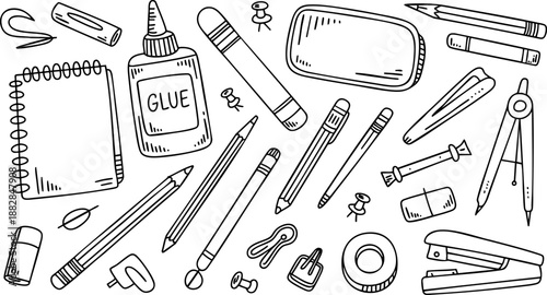 Stationery and School Supplies Icon Set – Pencil, Notebook, Glue, Pen, and Office Tools EPS Pack