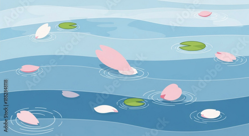 Serene pond with floating pink lotus flowers and green lily pads on rippling blue water