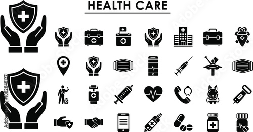 Black and white healthcare including hands holding shield with cross, medical kit, pills, and