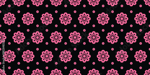 Japanese floral seamless pattern with pink cherry blossoms on a black background. Minimalist oriental ornament for fabric, textile, and traditional Asian wallpaper design.
