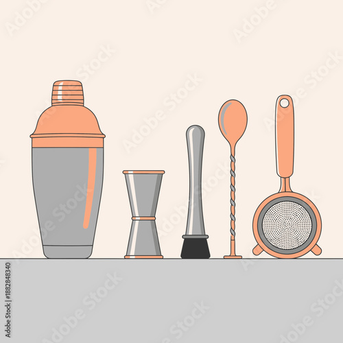 Essential Bar Tools Illustration: Cocktail Shaker, Jigger, Muddler, Bar Spoon, and Strainer
