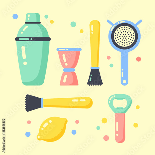 Essential Bar Tools Illustration: Cocktail Shaker, Jigger, Muddler, Strainer, And More, For