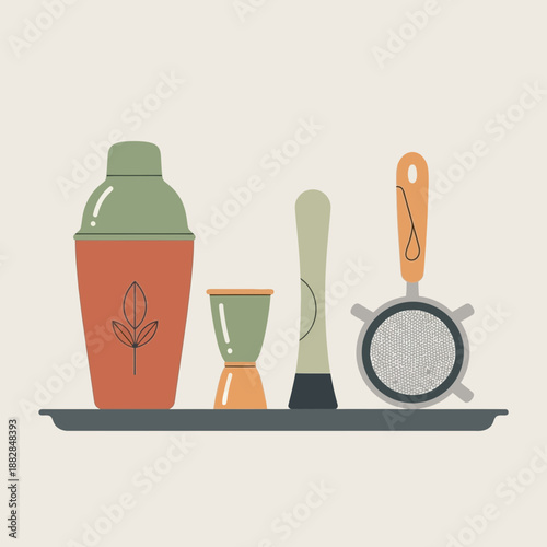 Essential Bar Tools Illustration Depicting Cocktail Shaker, Jigger, Muddler, and Strainer for