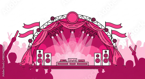 Vibrant pink music festival stage with crowd silhouettes bright lights and sound equipment conveying excitement and energy