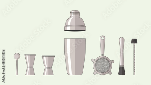 Essential Bar Tools: Modern Minimalist Illustration Of Cocktail Shaker And Other Bar Equipment