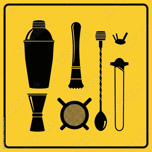 Essential Bar Tools Silhouette On Yellow Background, Cocktail Preparation Equipment Set