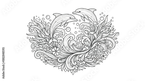 a detailed black and white illustration showcasing playful dolphins swimming within a floral and wave heart design