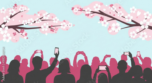 People silhouettes taking photos under blooming cherry blossom trees with smartphones
