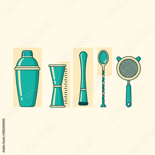 Essential Barware Collection: Vector Illustration of Cocktail Shaker and Mixing Tools on Beige