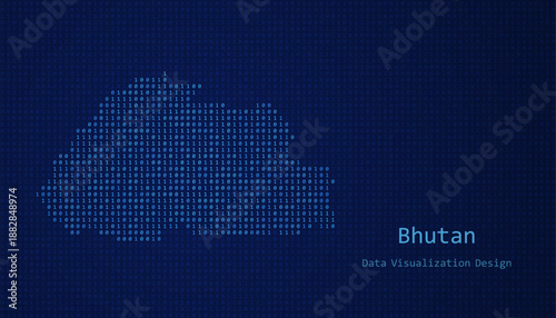 Bhutan map made of binary code on tech blue background