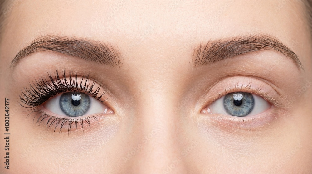 Naklejka premium Difference in appearance of eyes with and without mascara shown on a model in a close-up view
