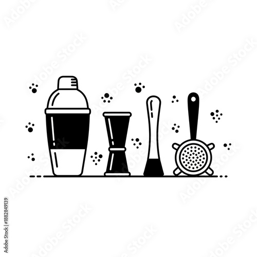 Essential Barware Tools Illustrated in Minimalistic Black and White Style For Cocktail Preparation