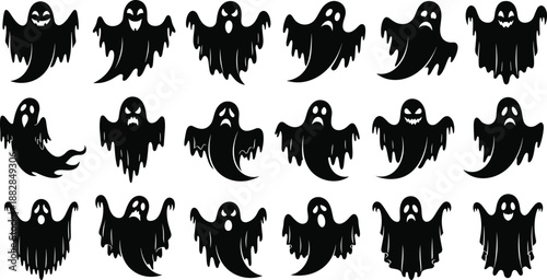 Halloween ghost silhouettes collection, spooky flying spirits with scary expressions set, black vector illustration bundle for horror themes, festive decorations, party designs, and haunted graphics
