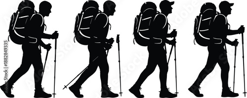Set of hiking backpacker silhouettes walking with trekking poles, black mountain hiker collection isolated on white background for travel, adventure, camping, and outdoor design.