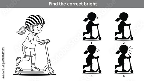 a black and white illustration showing a child riding a scooter and identifying the brightest option among several