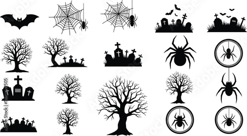 Halloween spooky silhouettes collection, bats spiders webs graveyard and creepy trees set, black horror vector icons for dark fantasy, gothic, and scary design projects