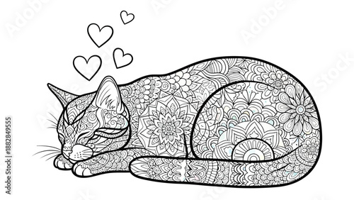 a detailed line drawing depicts a sleeping cat surrounded by floating hearts showcasing intricate patterns and design elements