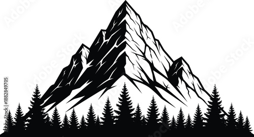 Majestic mountain peak silhouette illustration, sharp alpine summit rising above pine forest, dramatic wilderness scene, black vector artwork for adventure, travel, logo, and outdoor branding