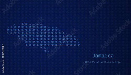 Jamaica map made of binary code on tech blue background