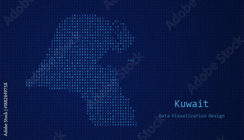 Kuwait map made of binary code on tech blue background