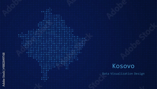 Kosovo map made of binary code on tech blue background
