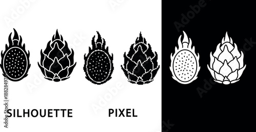 Dragon Fruit Icons, Pitaya Silhouette, Whole & Sliced, Flat Design