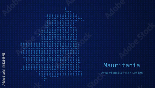 Mauritania map made of binary code on tech blue background